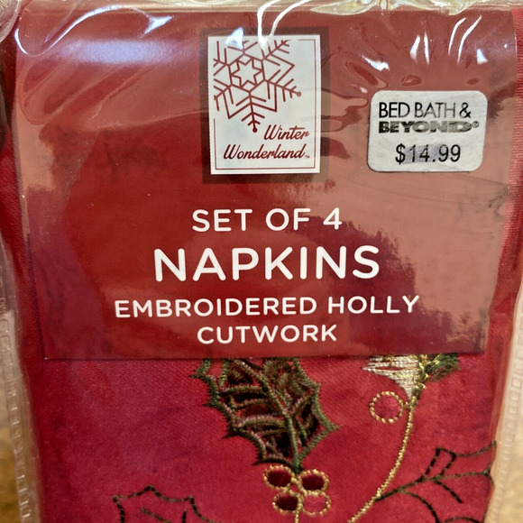 NEW Embroidered Christmas Holiday Cloth Napkins (4) Red Green Gold Holly Cutwork - Picture 3 of 7